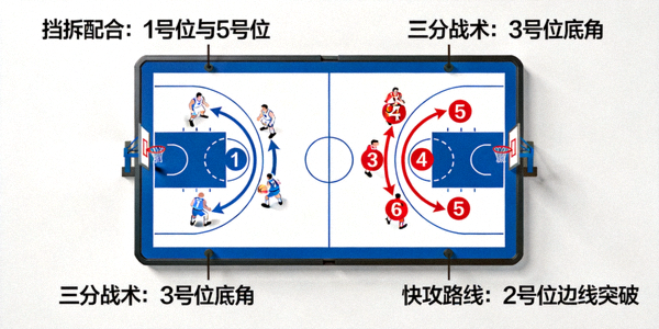 篮球战术板示意图包含球员跑位路线与战术标注